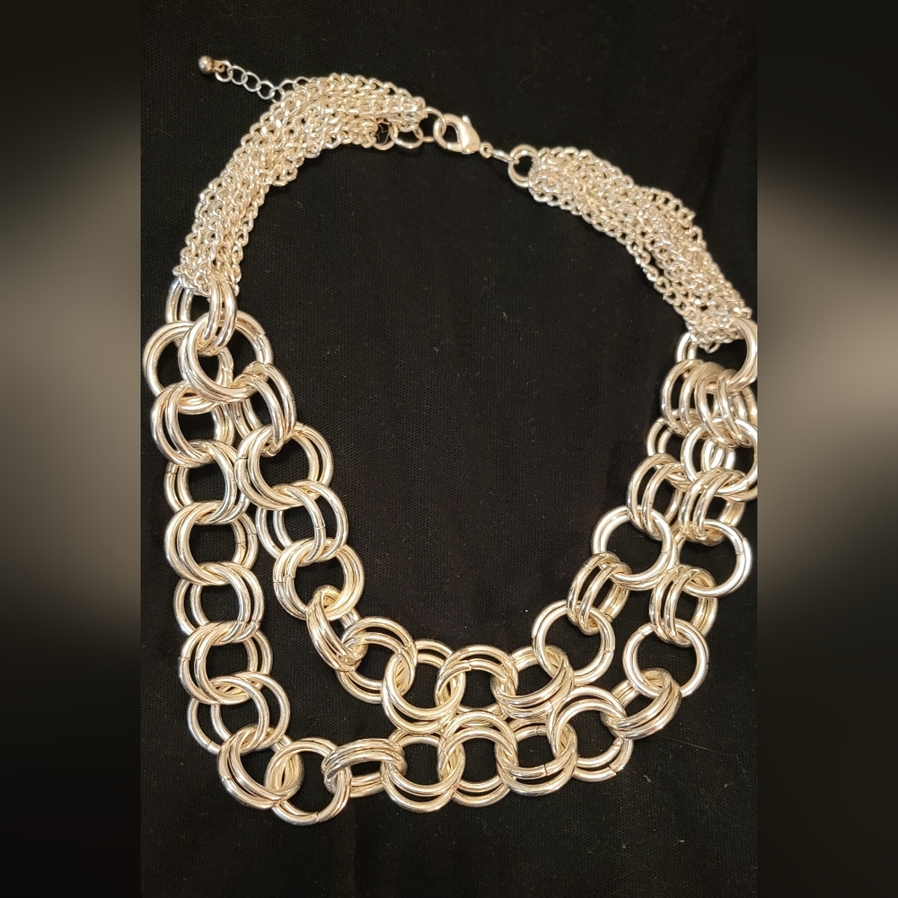 Silver-Tone Multi-Link Chain Statement Necklace — Bold Layered Circle Chain